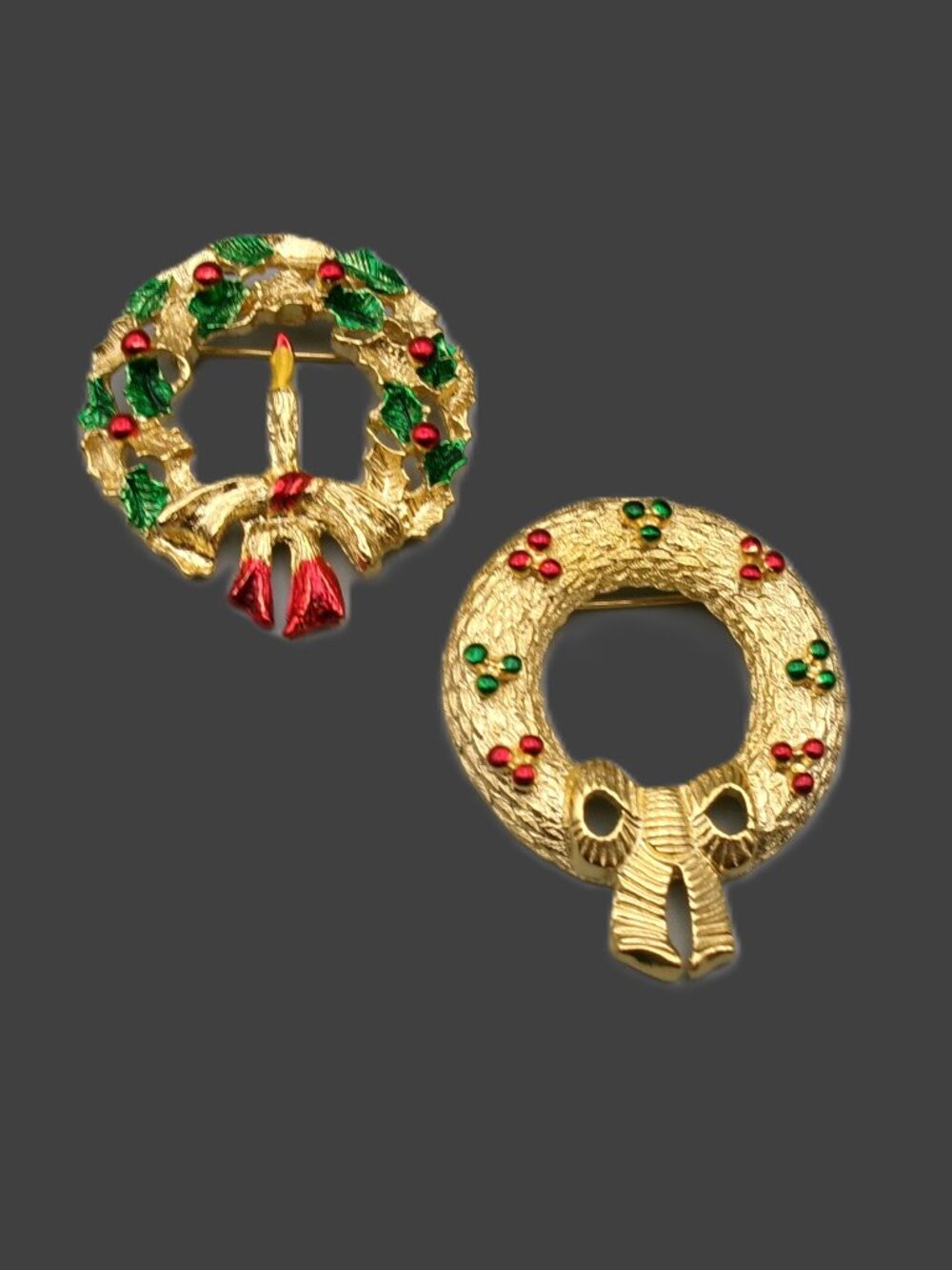 2 Gerry's Christmas Wreath Brooches, Vintage Jewelry Lot